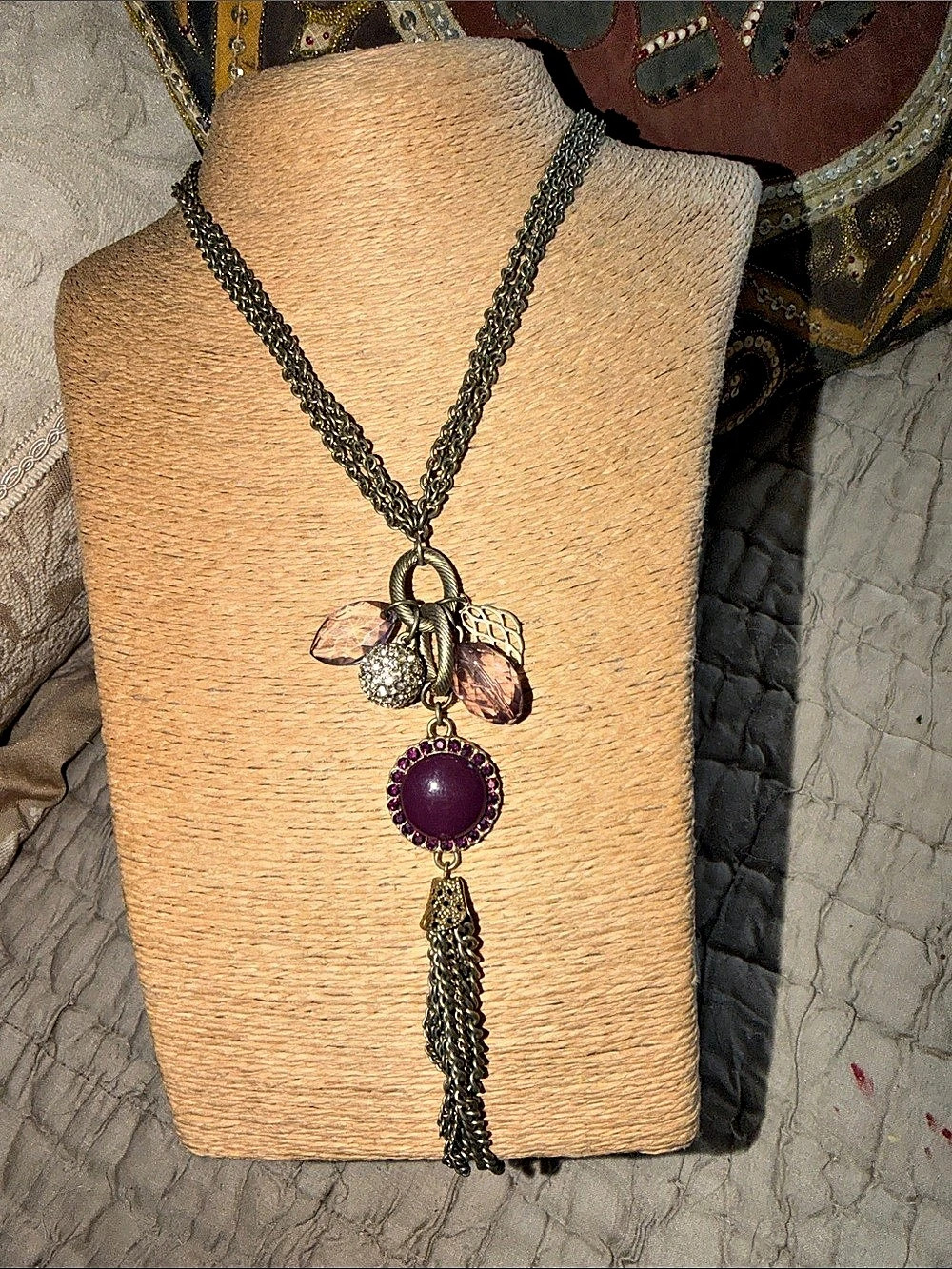 Layered Pendant Tassel Necklace in Gray & Purple Like New